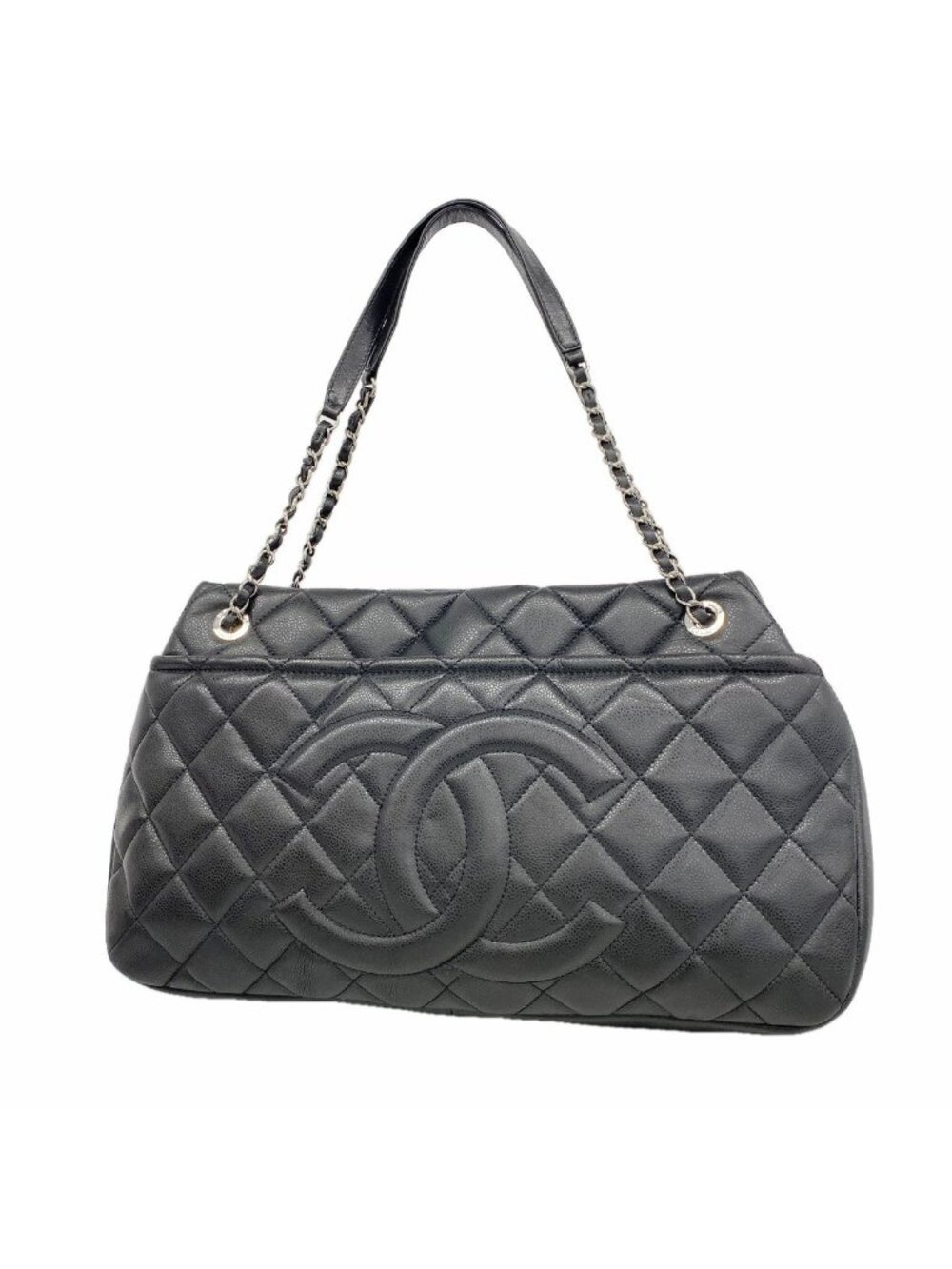 Chanel Chain Tote Quilted Caviar Leather Black Silver